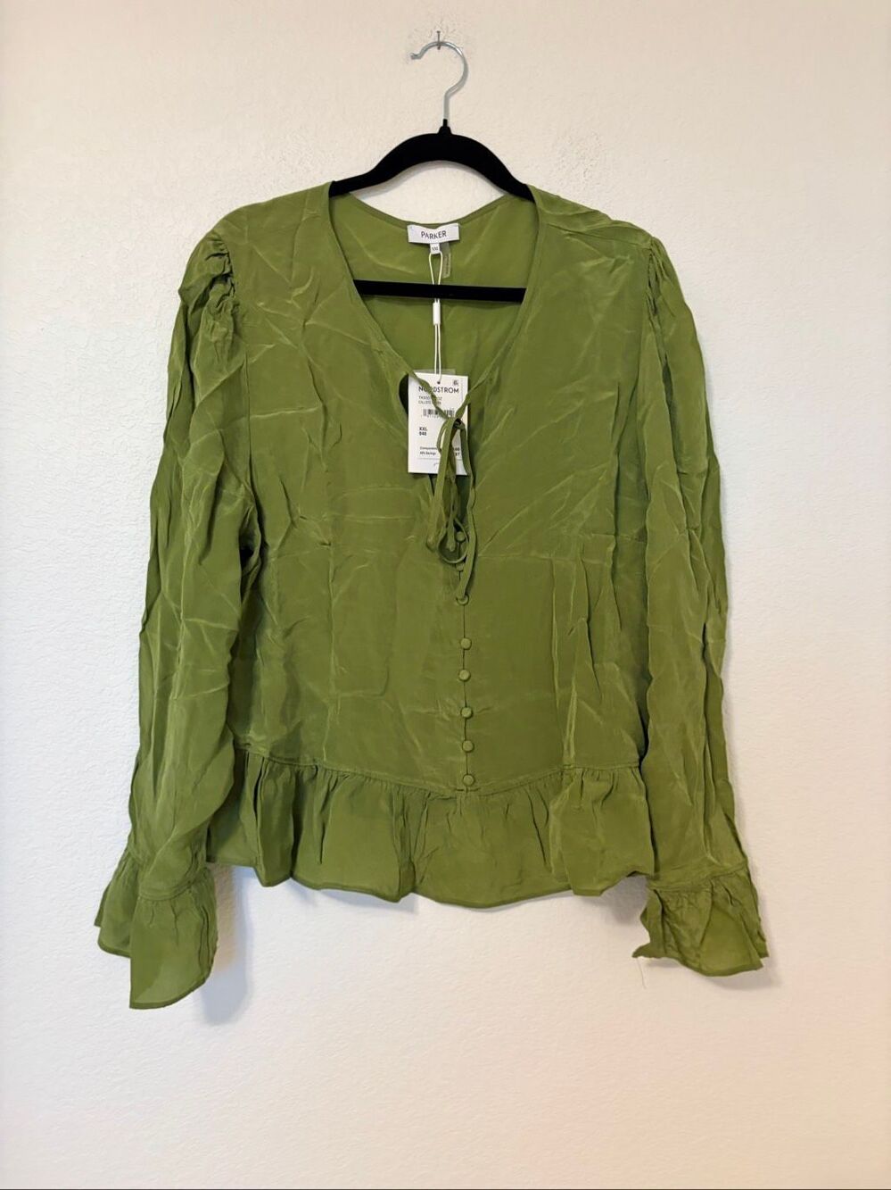 Parker XXL Olive Green Peplum Blouse Ruffle Sleeve Tie Front NWT